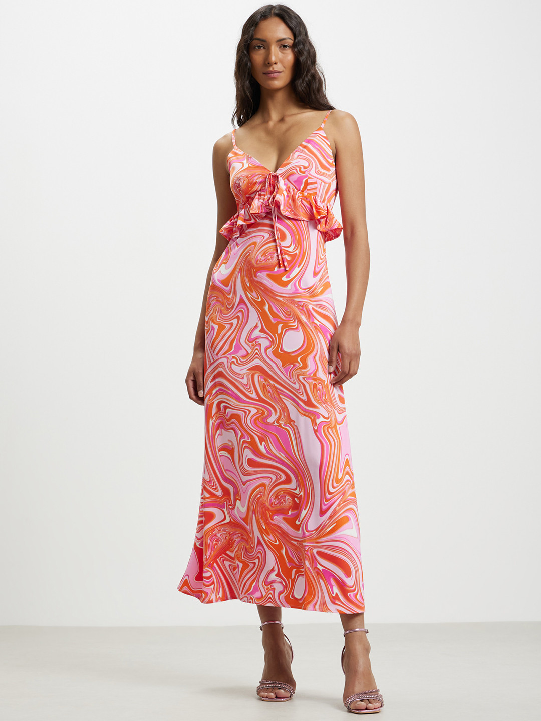 CALLIOPE Printed Ruffled Satin Maxi Dress