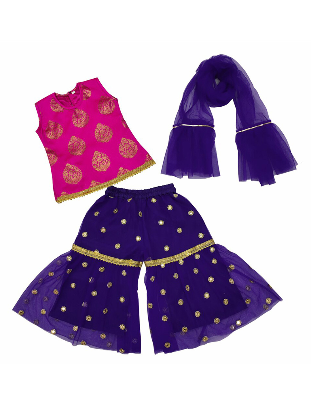 BAESD Girls Ethnic Woven Design Straight Top & Sharara With Dupatta