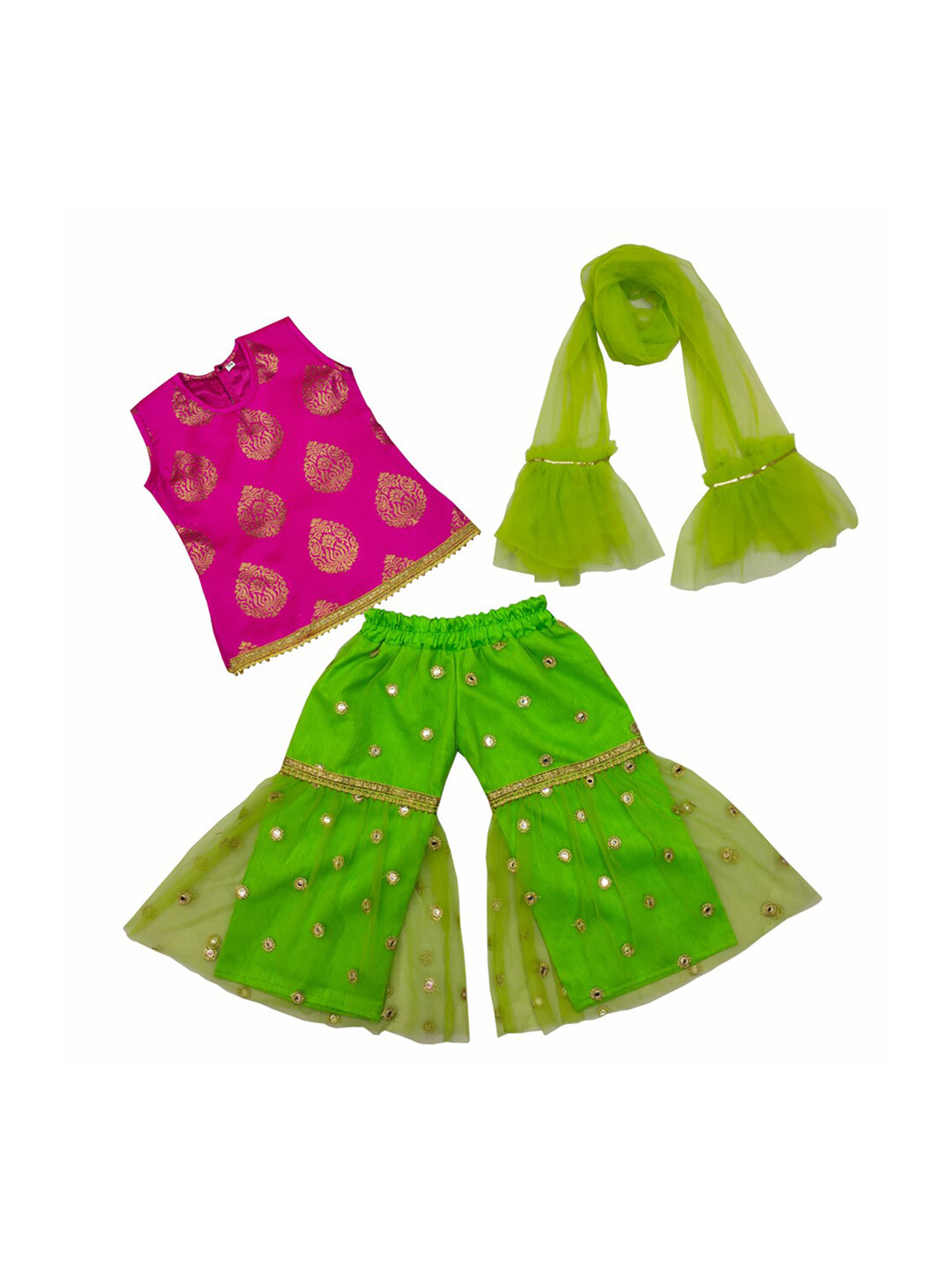 BAESD Girls Ethnic Woven Design Straight Top & Sharara With Dupatta