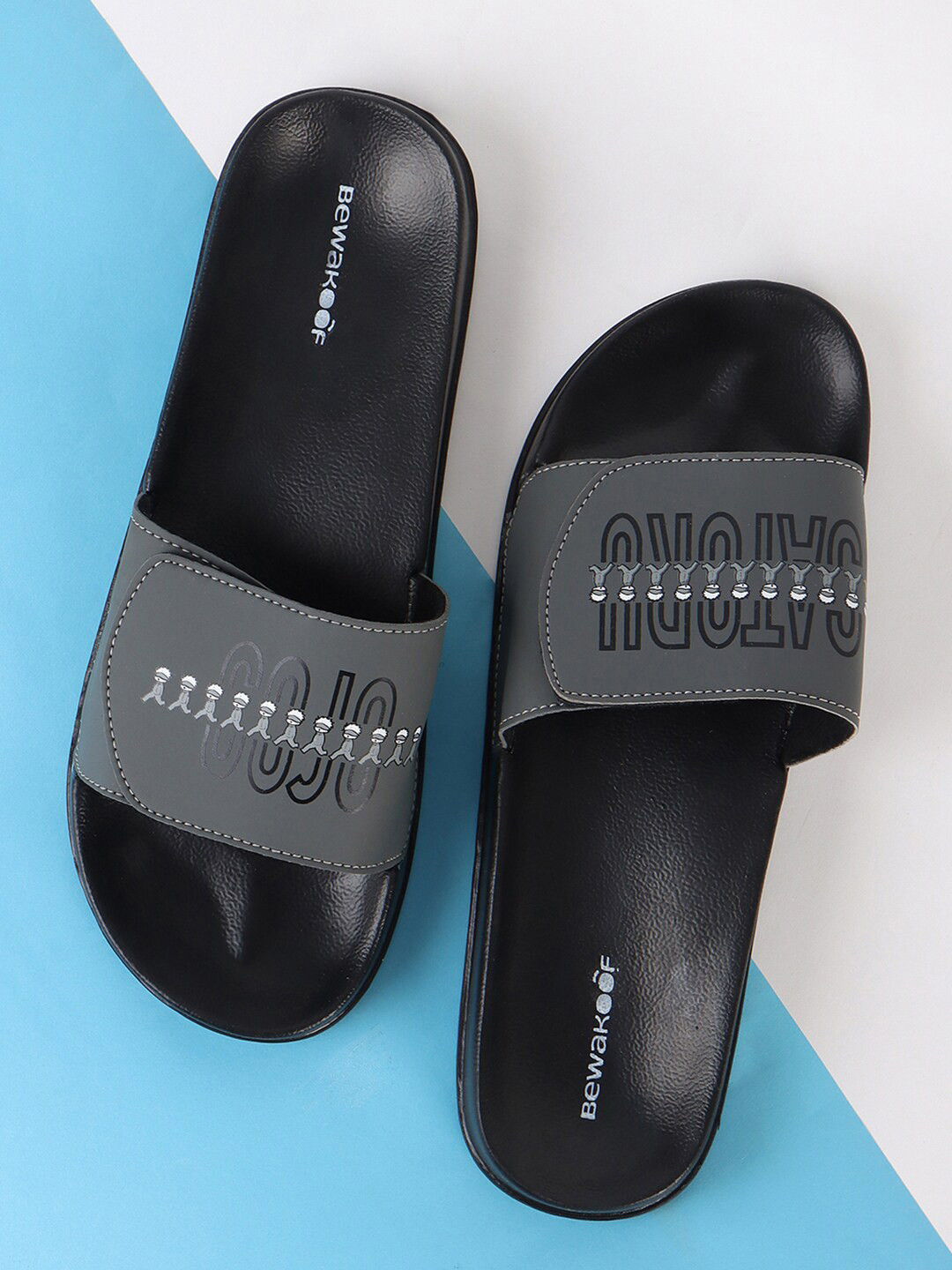 Bewakoof Men Black And Grey Printed Rubber Sliders