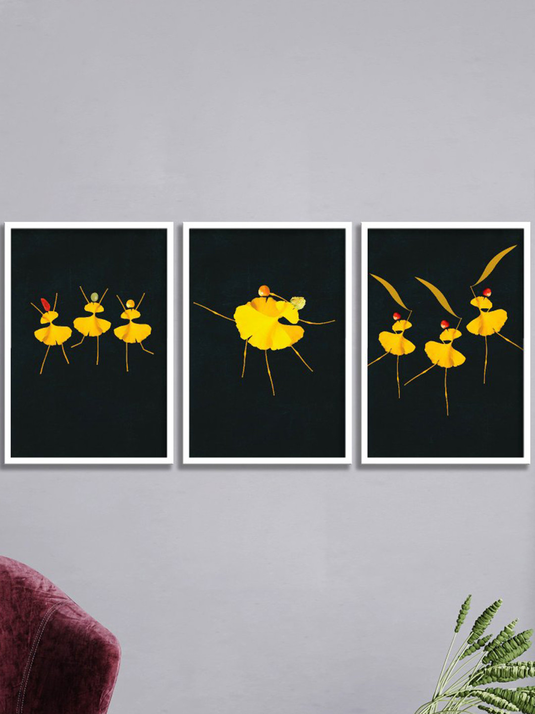 SAF Black 3 Pcs Dancing Pose Printed Framed Painting Wall Art
