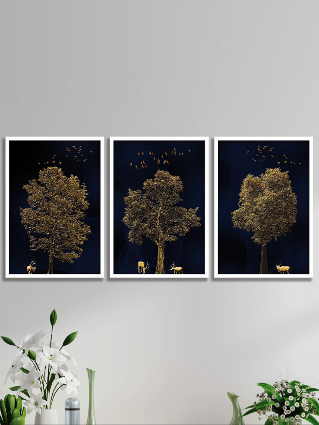 SAF Black & Green 3 Pieces Abstract Painting Wall Arts