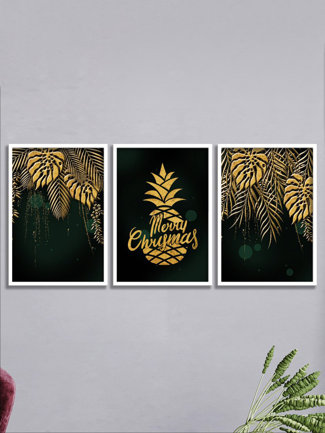 SAF Yellow & Green 3 Pieces Merry Christmas Painted Framed Wall Art