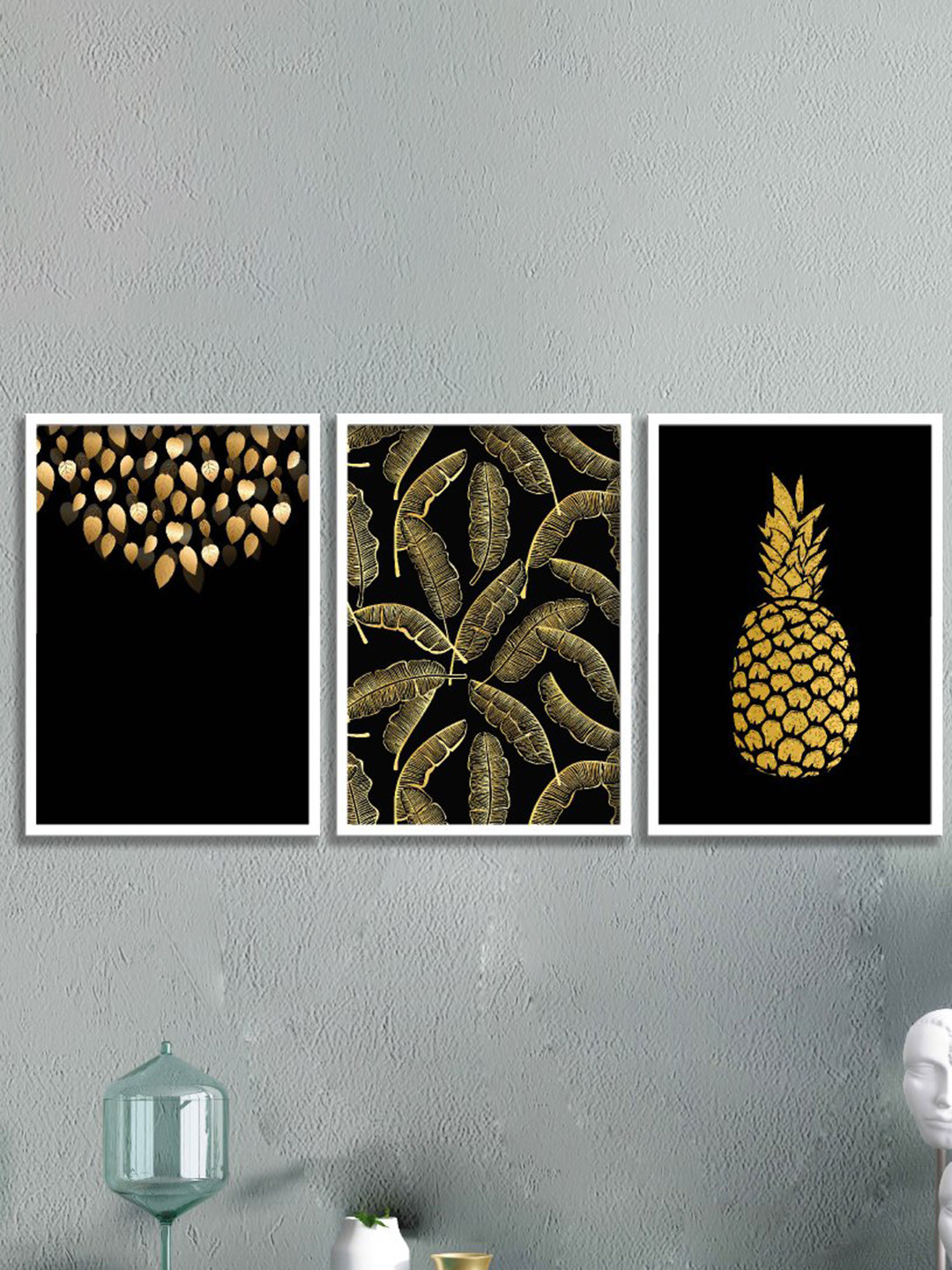 SAF Black Paper 3 Pcs Wall Living Room Rectangle Potrait Paintings Wall Art -1.02 x 19.5In