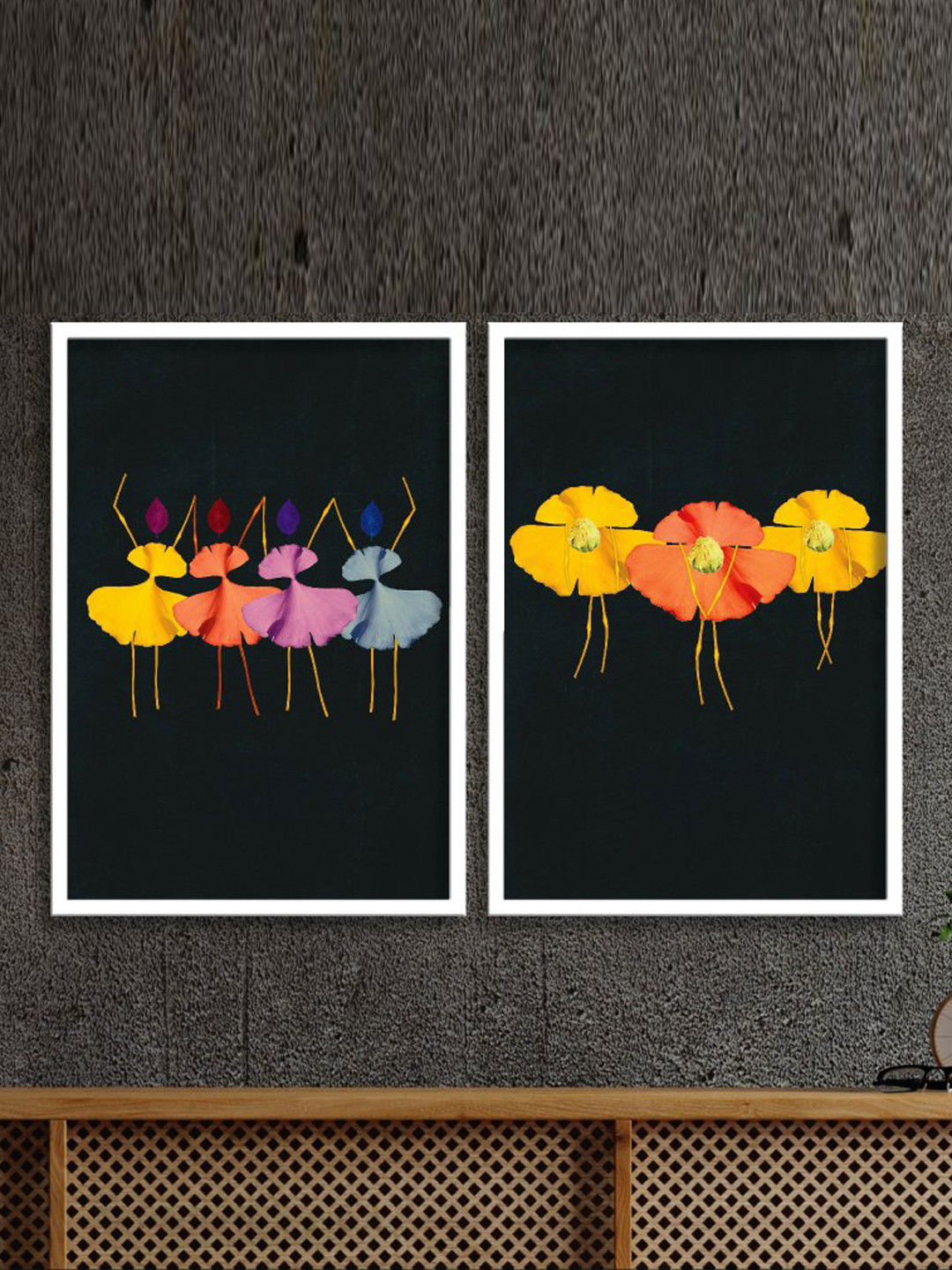 SAF Black & Yellow 2 Pieces Dancing Pose-Painted Framed Wall Art