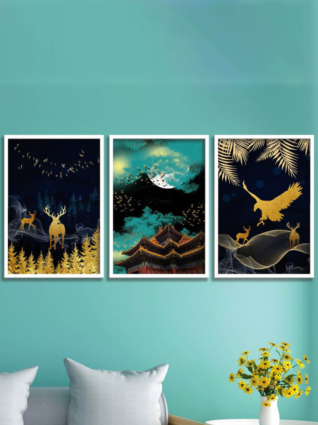 SAF 3-Pcs Blue & Black Nature Painting Framed Wall Art