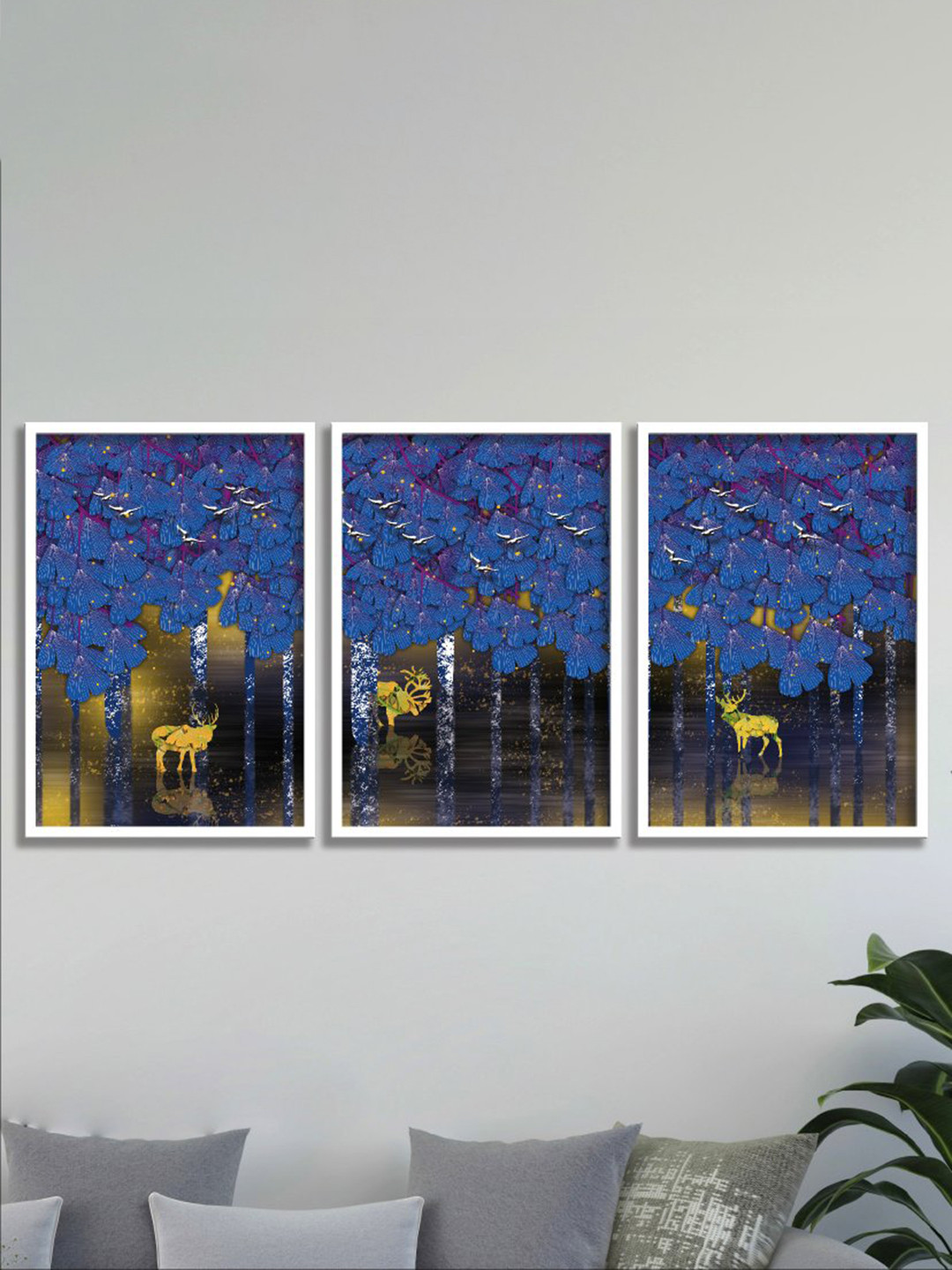 SAF 3-Pcs Blue & Yellow Abstract Art Painted Framed Wall Art
