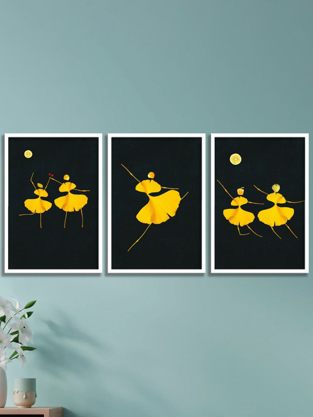 SAF 3-Pcs Black & Yellow Dancing Pose Painting Framed Wall Art