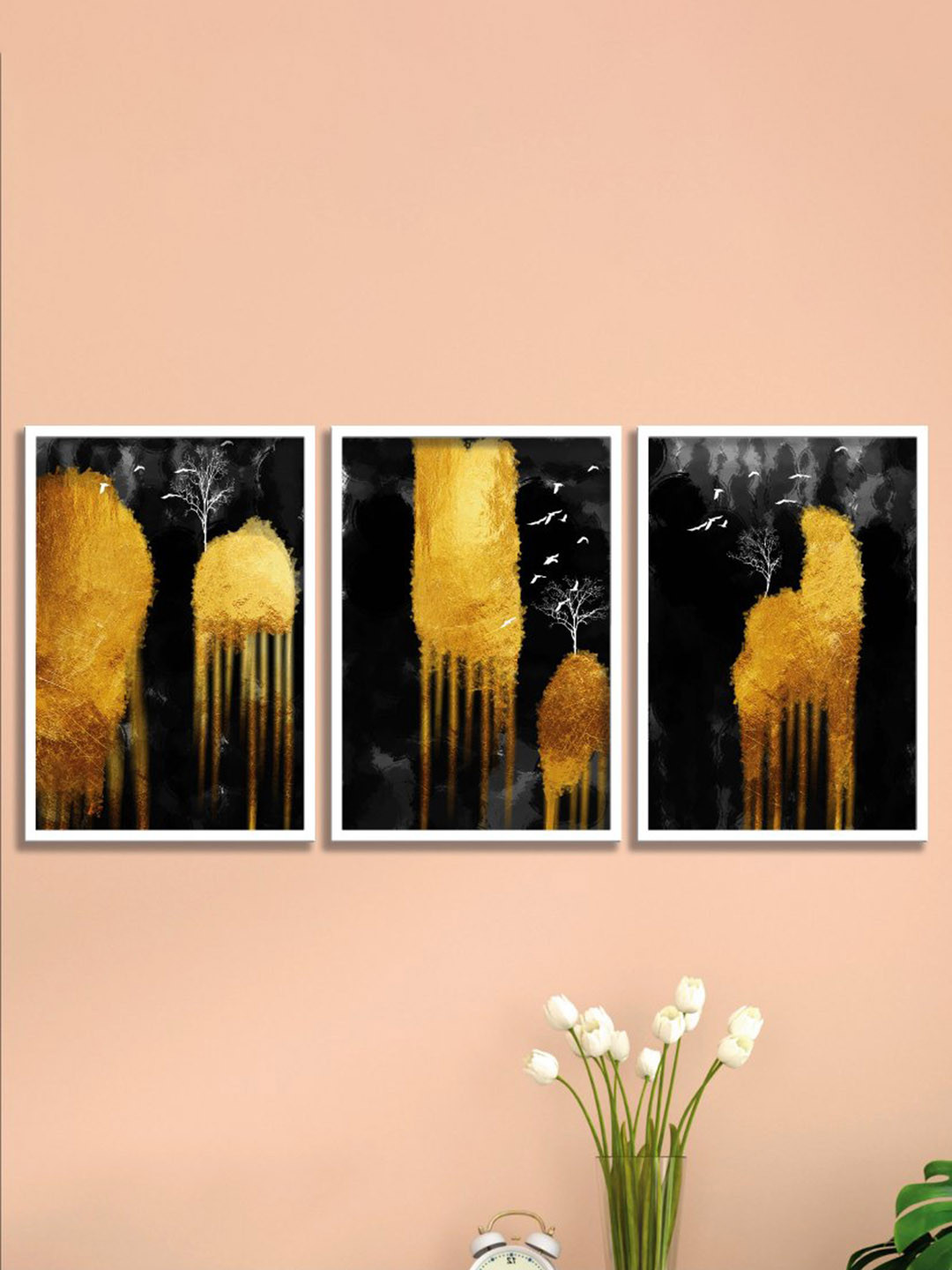 SAF 3-Pcs Yellow & Black Nature Art Painting Framed Wall Art