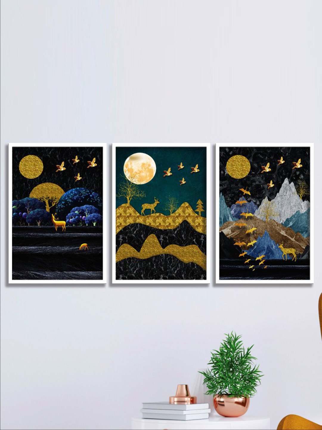 SAF 3-Pcs Blue & Yellow Nature Art Painting Framed Wall Art