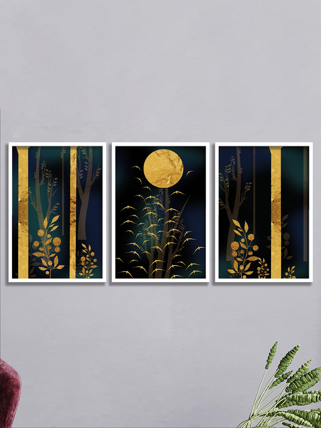 SAF 3-Pcs Yellow & Black Nature Painting Framed Wall Art