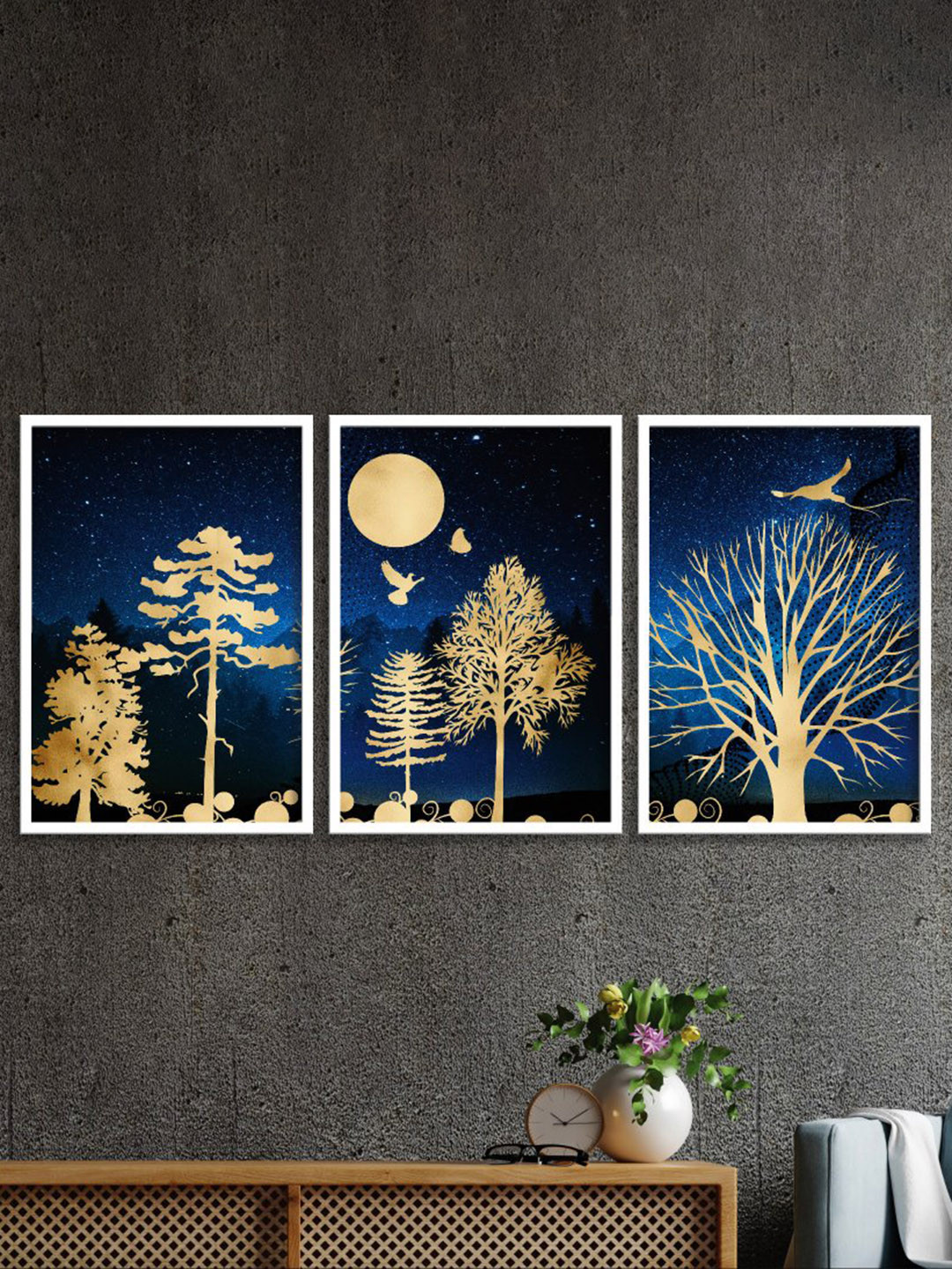 SAF 3-Pcs Blue & Beige Nature Art Painting Wall Art