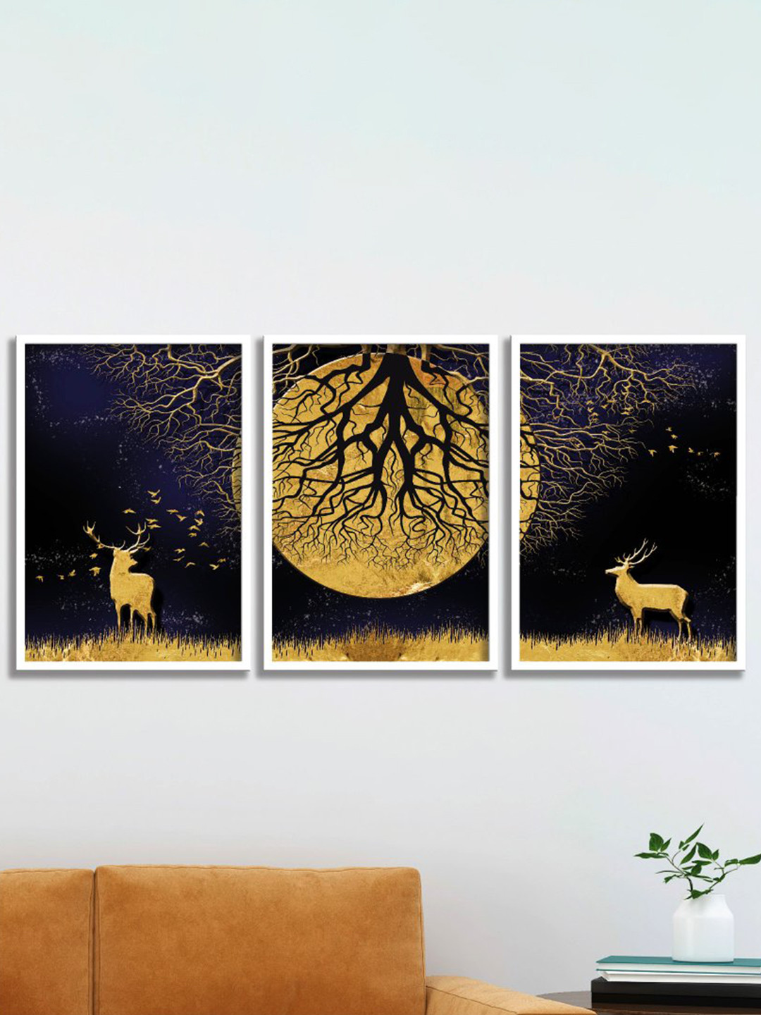 SAF Blue & Brown 3-Pieces Nature Wall Printed Framed Wall Art