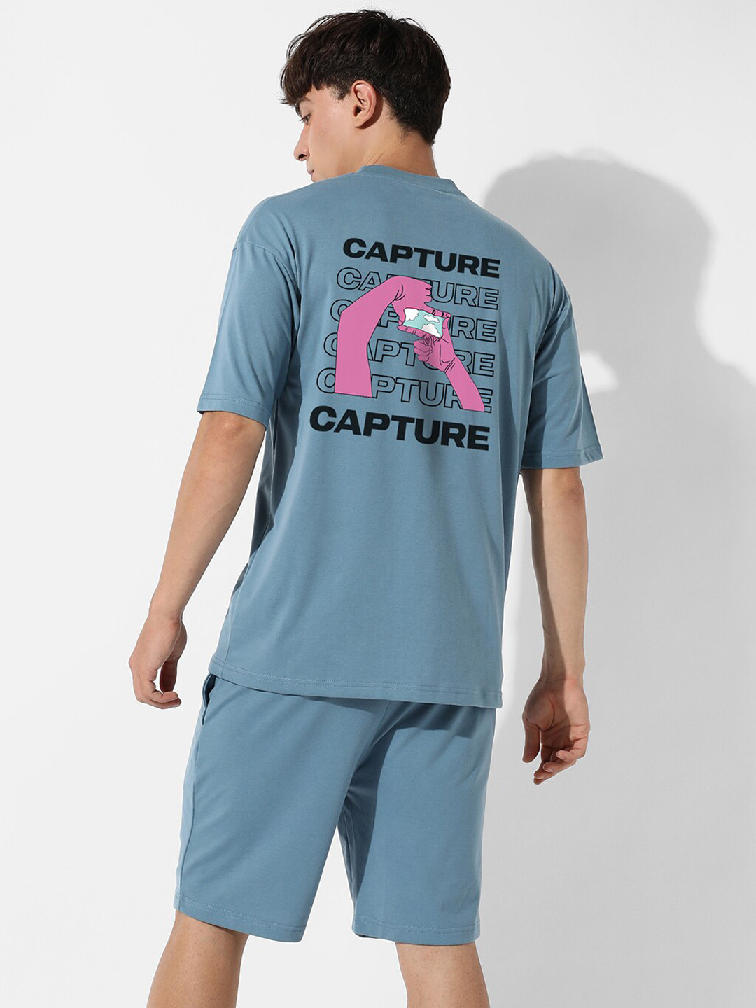 Campus Sutra Blue Printed Oversized T-Shirt & Shorts