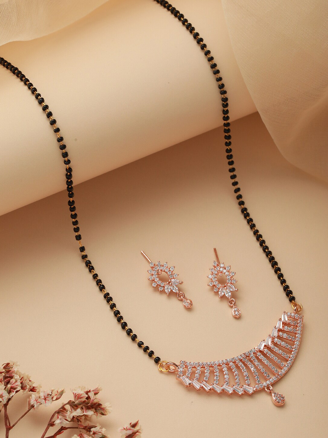 Jazz and Sizzle Rose Gold Plated & Black Beaded Mangalsutra With Earrings