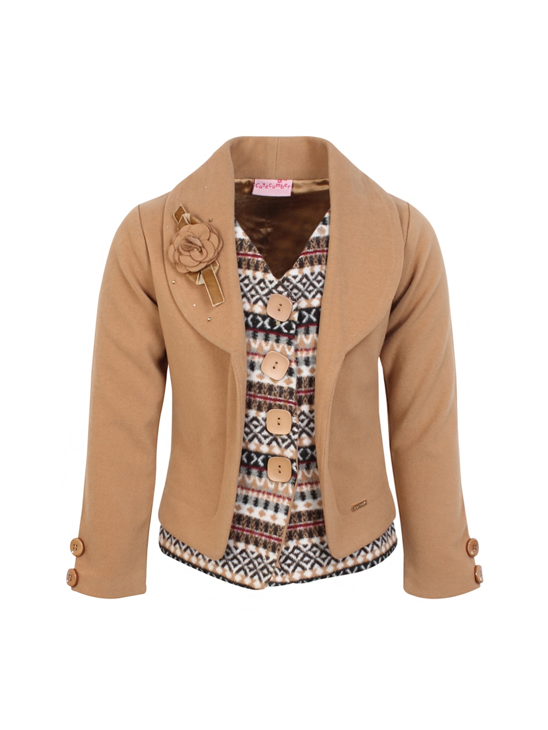 CUTECUMBER Girls Beige Printed Layered Short Coat
