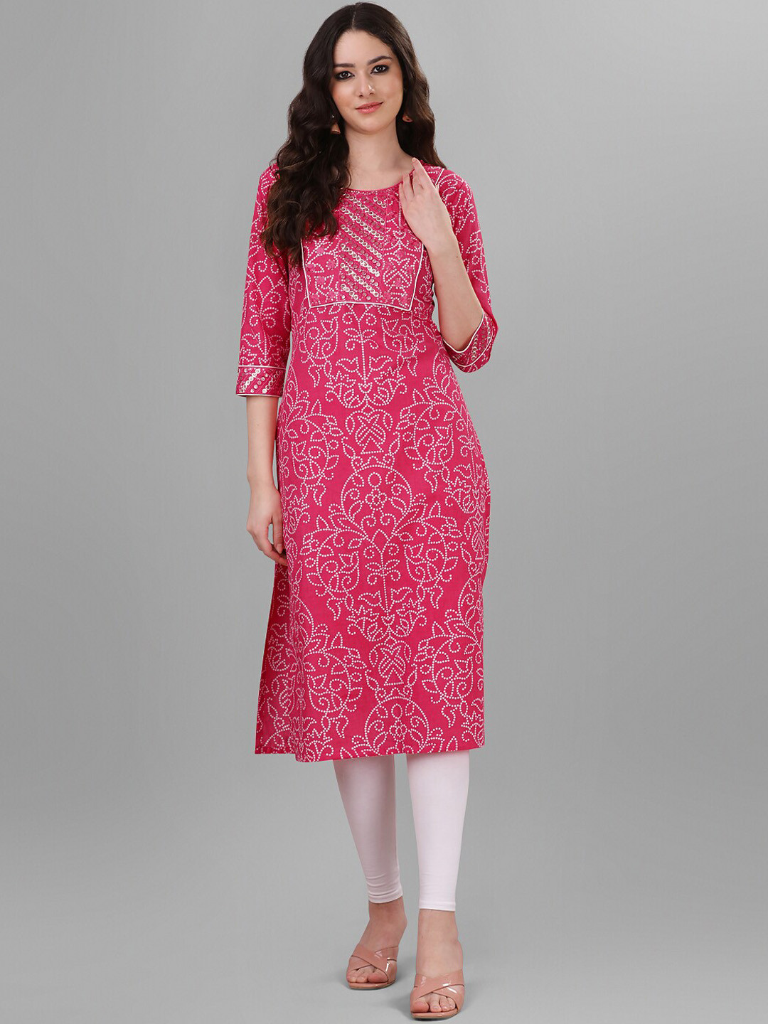 WEAVLLITE Ethnic Motifs Printed Sequinned Pure Cotton Kurta