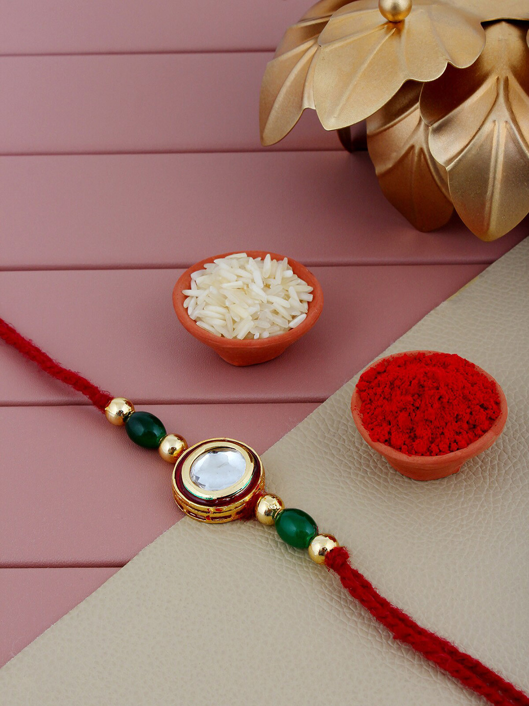LUCKY JEWELLERY Stone-Studded Round Charm Meenakari Rakhis