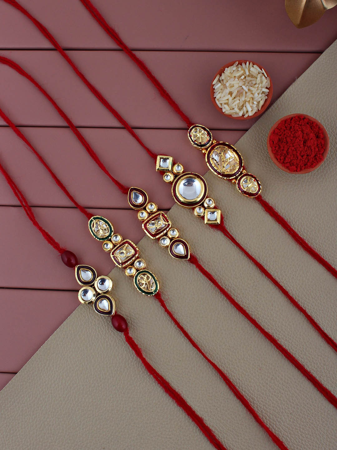 LUCKY JEWELLERY Set Of 5 Gold-Plated Stone-Studded Meenakari Rakhis