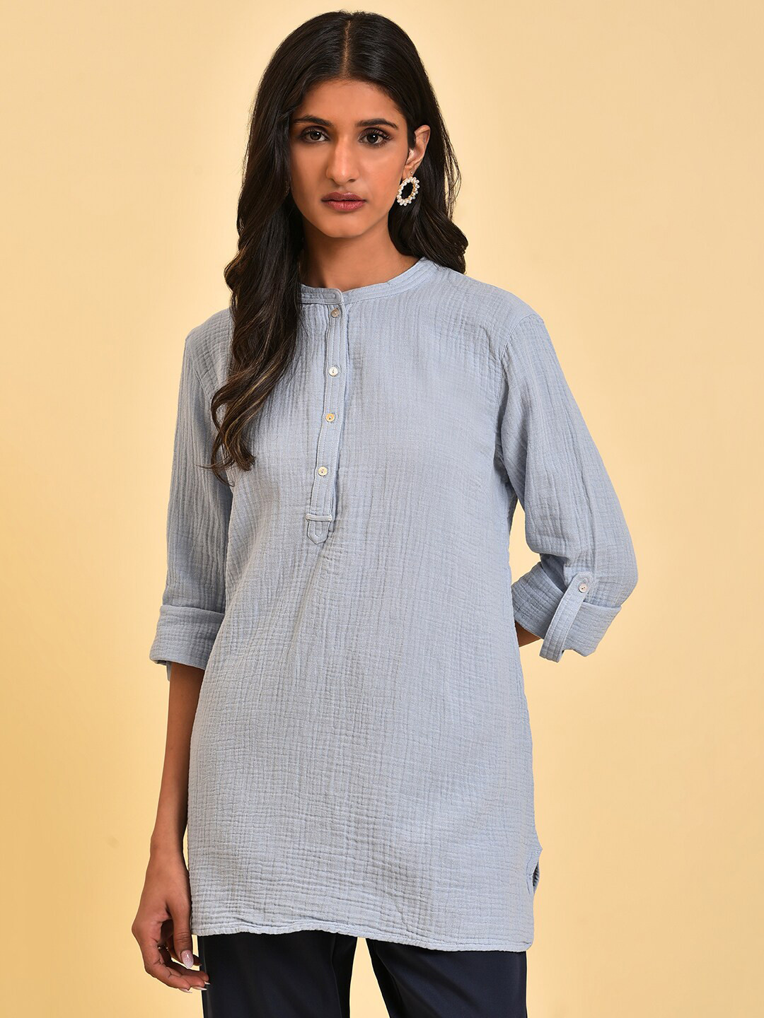 W Blue Self Designed Mandarin Collar Pure Cotton Longline Top
