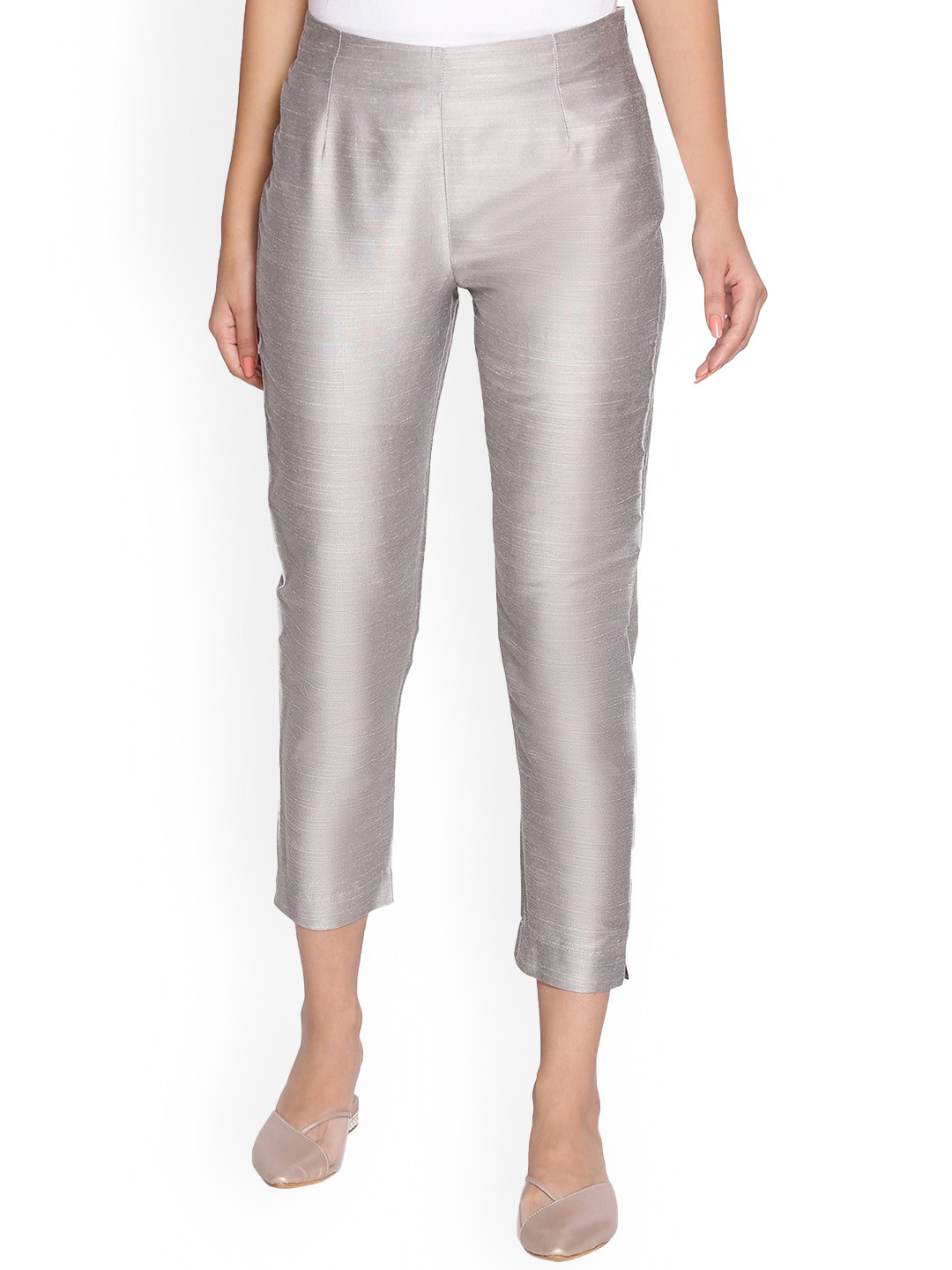 W Women Silver-Toned Comfort Slim Fit Cropped Trousers