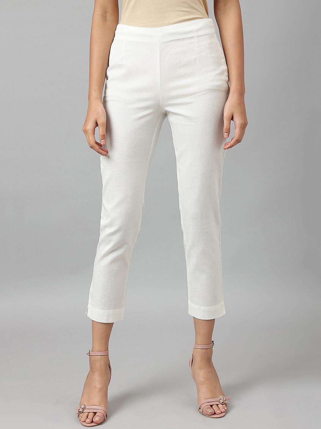 W Women White Comfort Slim Fit Cropped Trousers