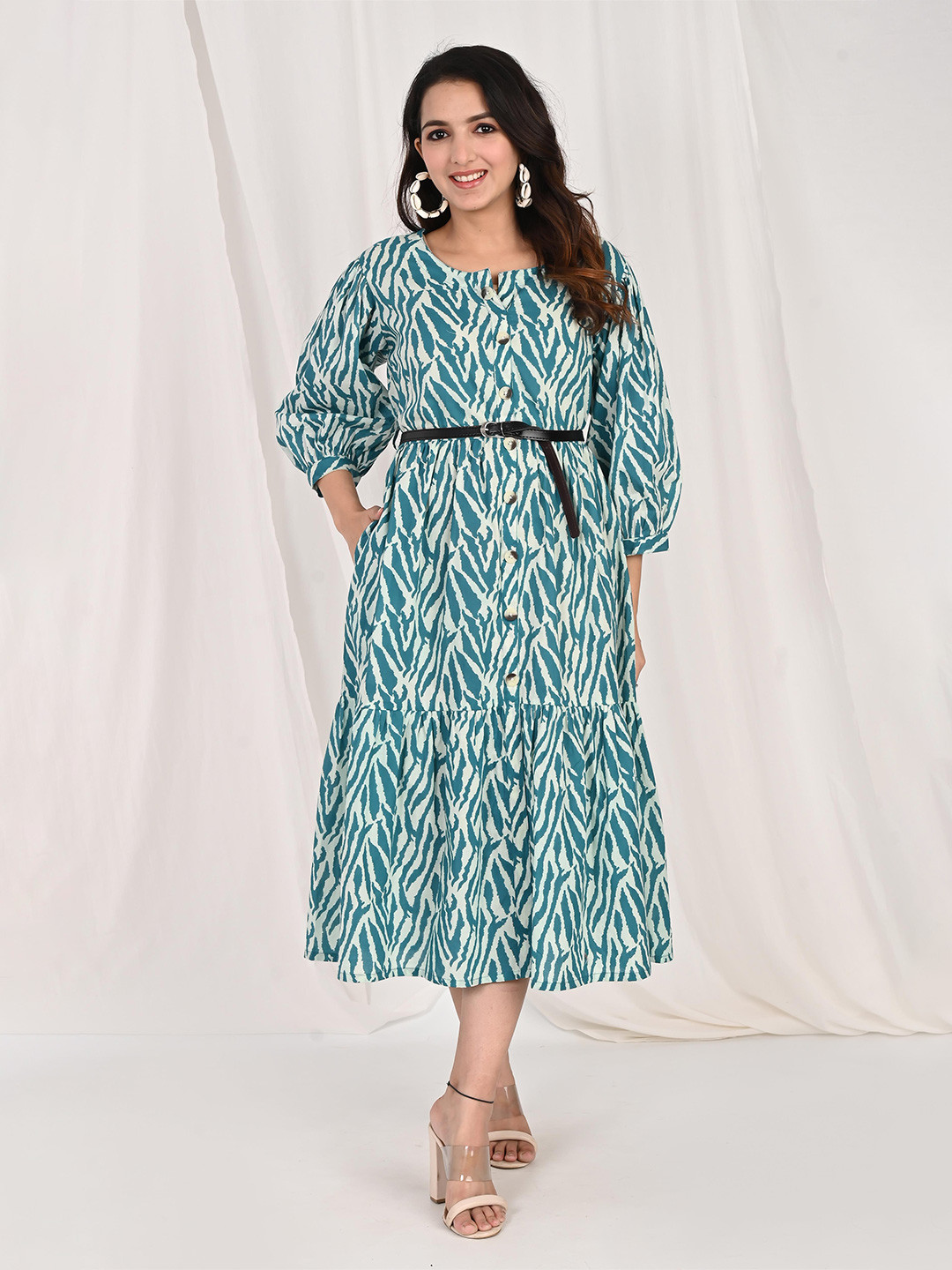 Do Dhaage Abstract Printed Puff Sleeve Cotton Fit & Flare Midi Dress