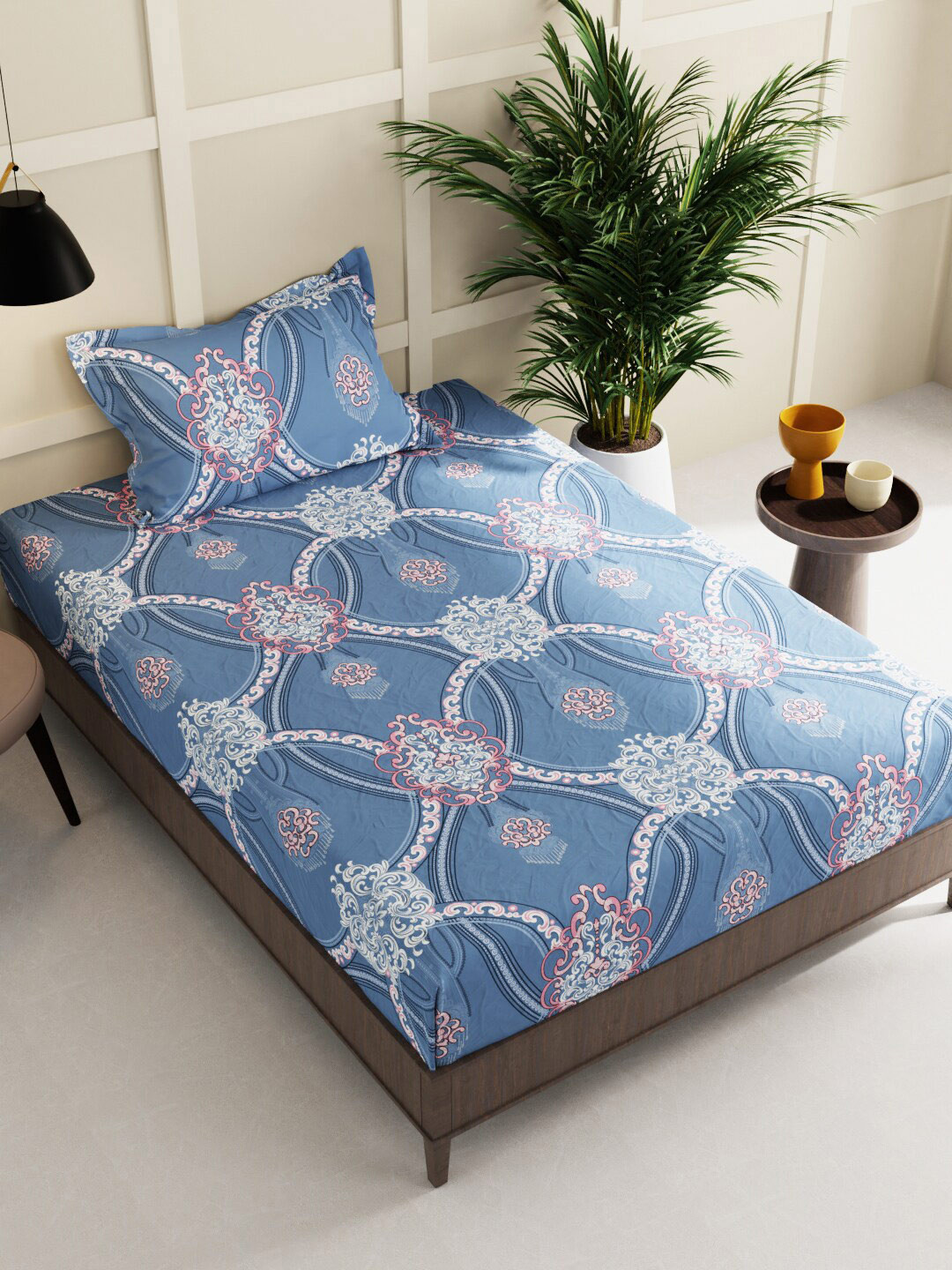 KOPA Sterling Blue Ethnic Motifs Microfiber Skin-Friendly 152 TC Single 2 Bedsheet with 2 Pillow Covers-150 x 215 cm