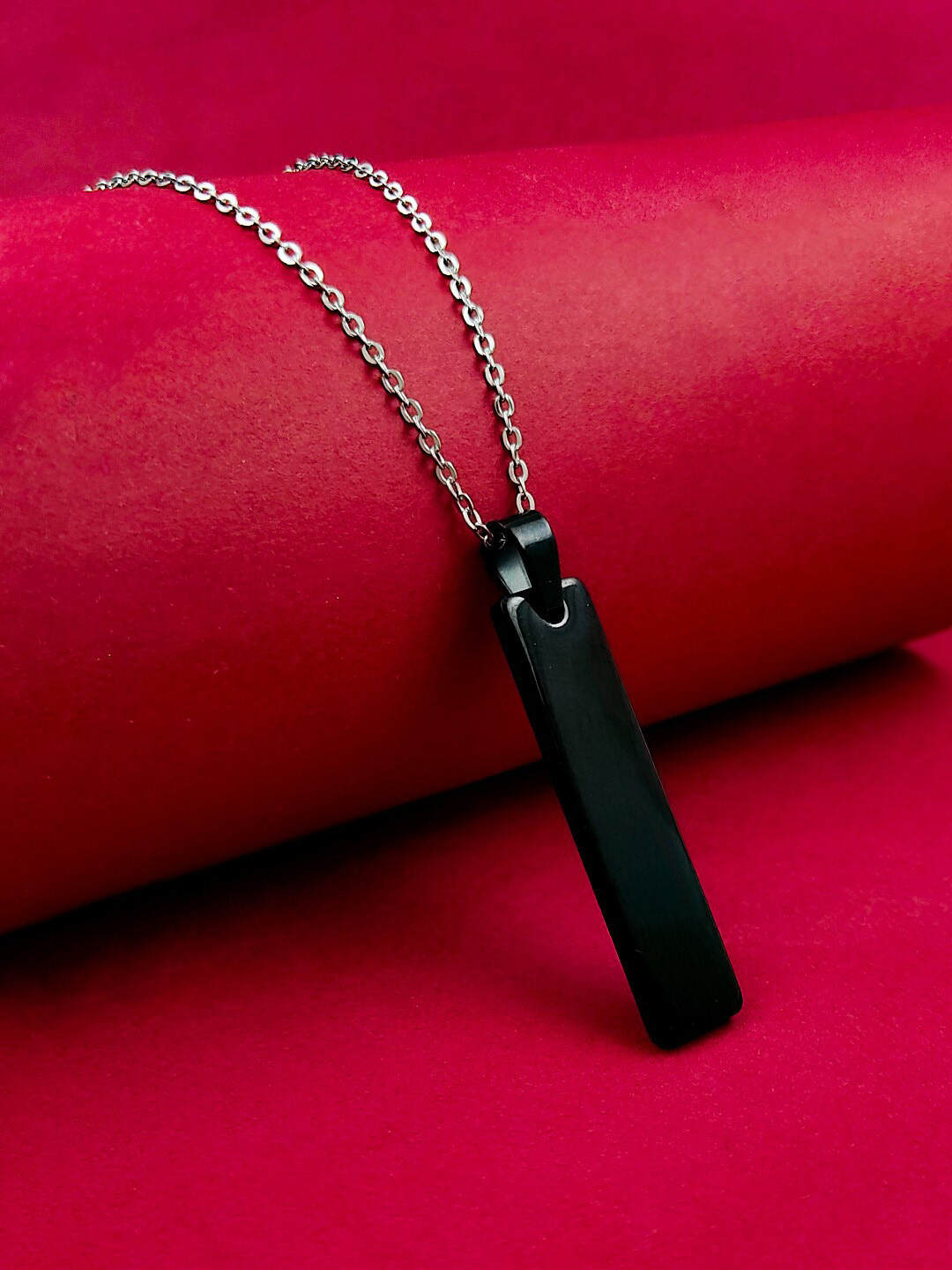 Saizen Rhodium-Plated Stainless Steel Vertical Bar Pendant With Chain