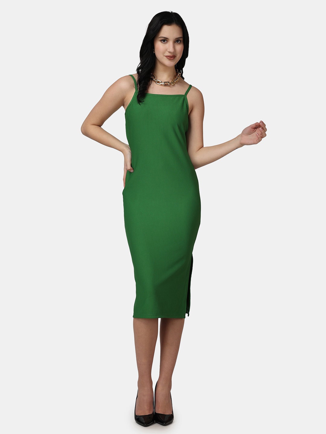Popwings Ribbed Shoulder Strap Bodycon Midi Dress