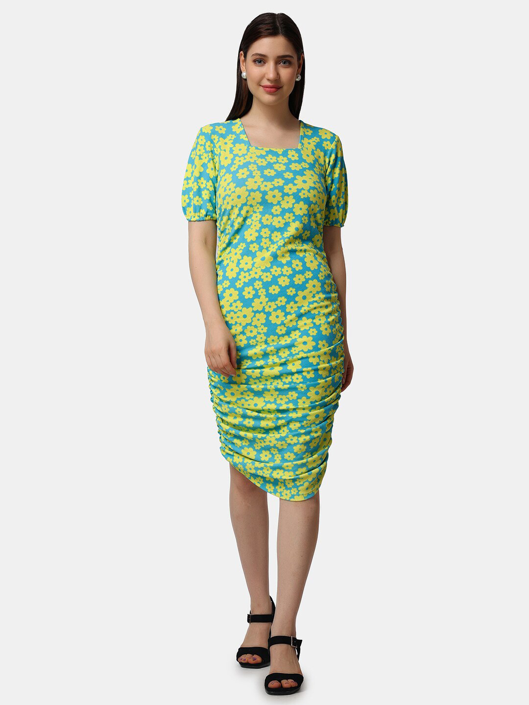 Popwings Floral Printed Squared Neck Puff Sleeves Ruched Sheath Dress