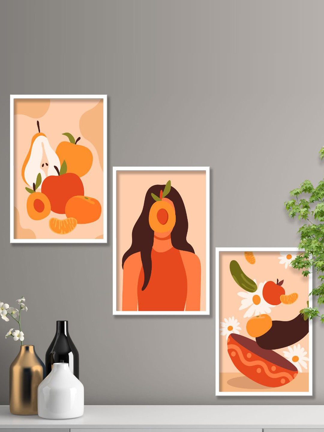 SAF Orange 3 Pieces Modern Art Painted Framed Wall Art