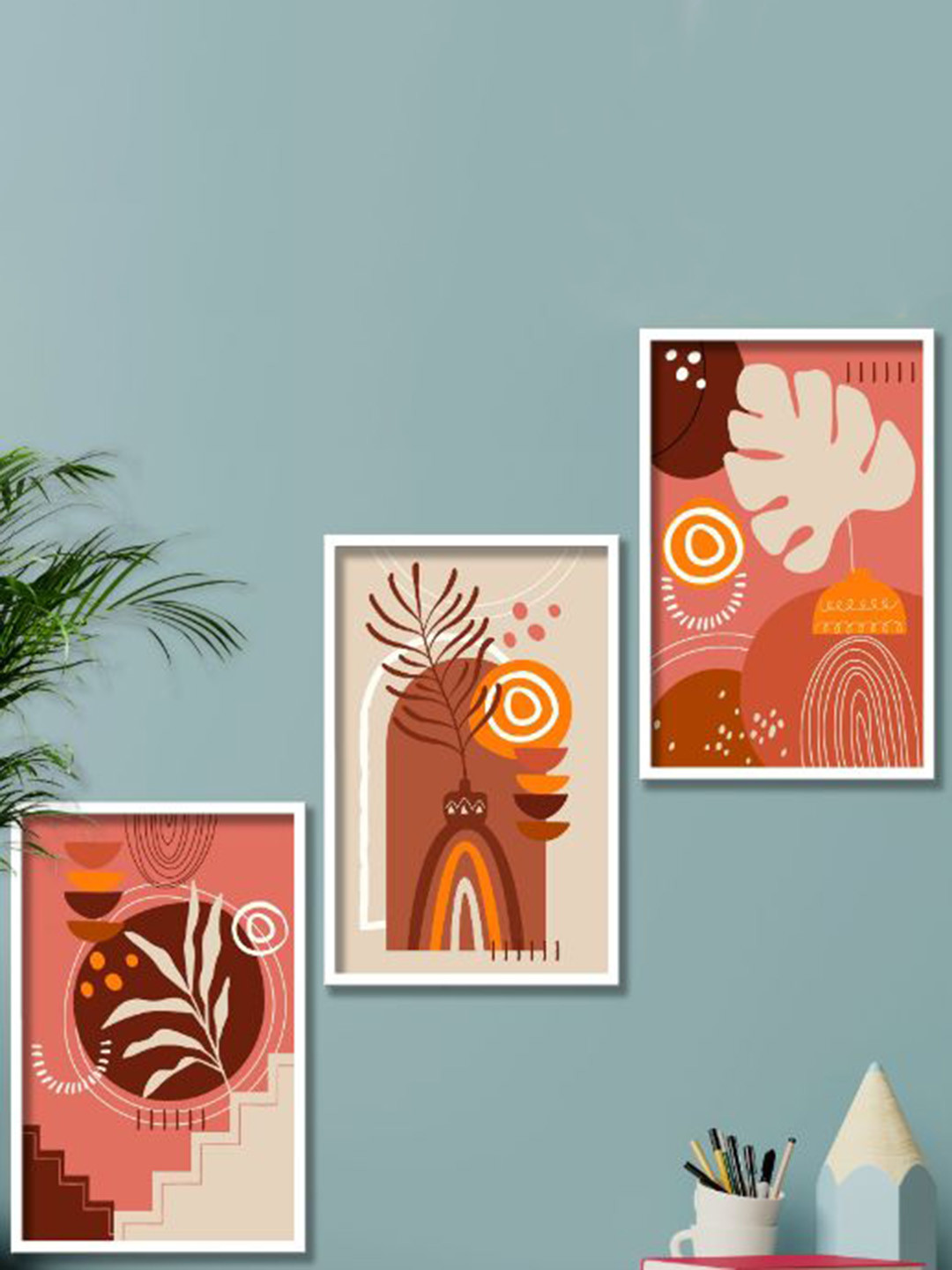 SAF 3-Pcs White & Orange Framed Modern Painting Wall Art