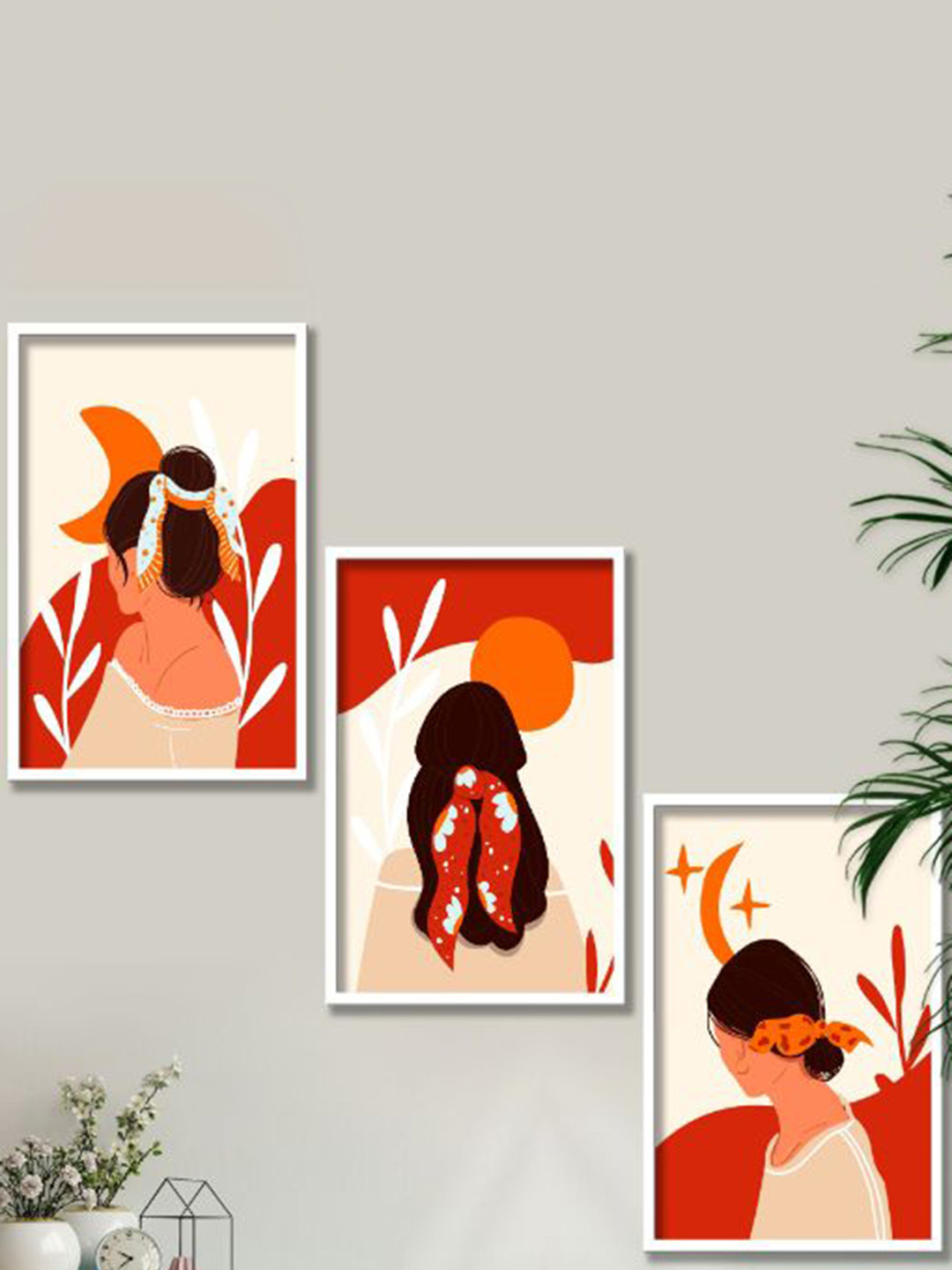 SAF Red & Beige 3-Pieces Abstract Printed Framed Wall Art