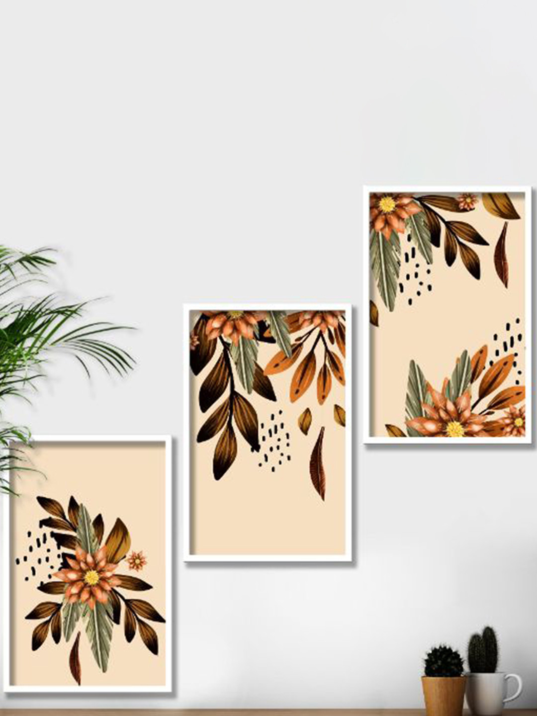 SAF 3-Pcs Cream-Colored & Brown Framed Modern Painting Wall Art