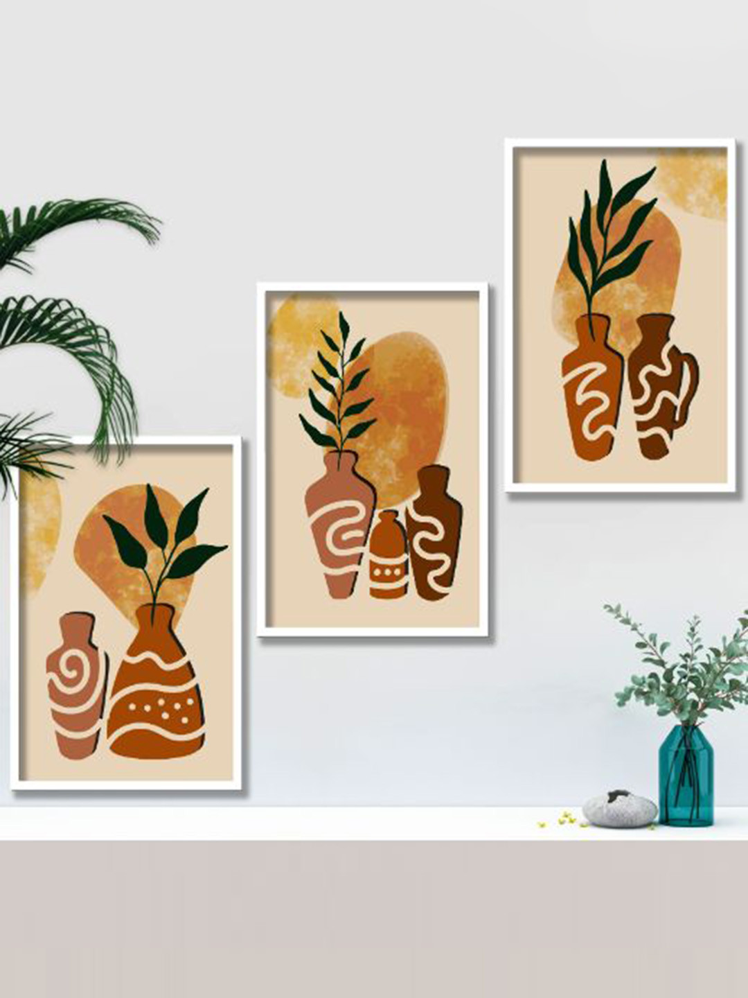 SAF Beige & Brown 3-Pieces Modern Art Printed Framed Wall Art