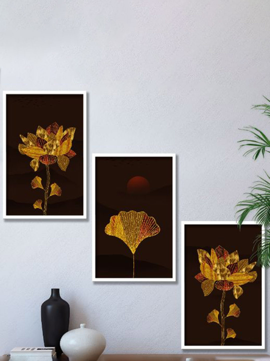SAF White & Orange 3-Pieces Modern Art Printed Framed Wall Art