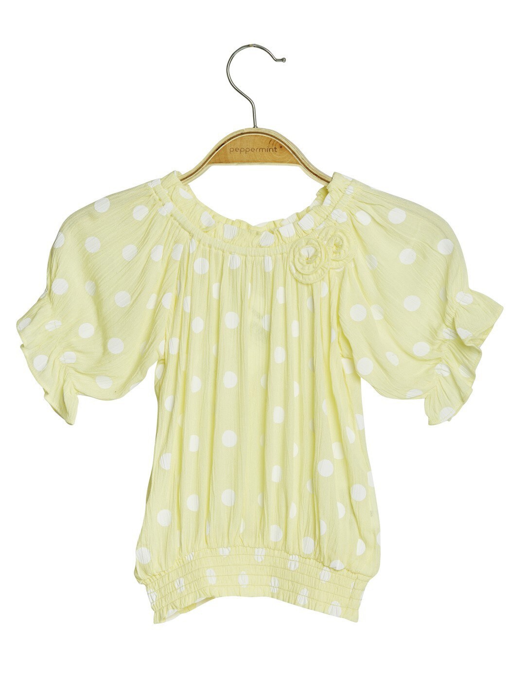 Peppermint Girls Polka Dot Printed Puff Sleeves Gathered Detail Blouson Top