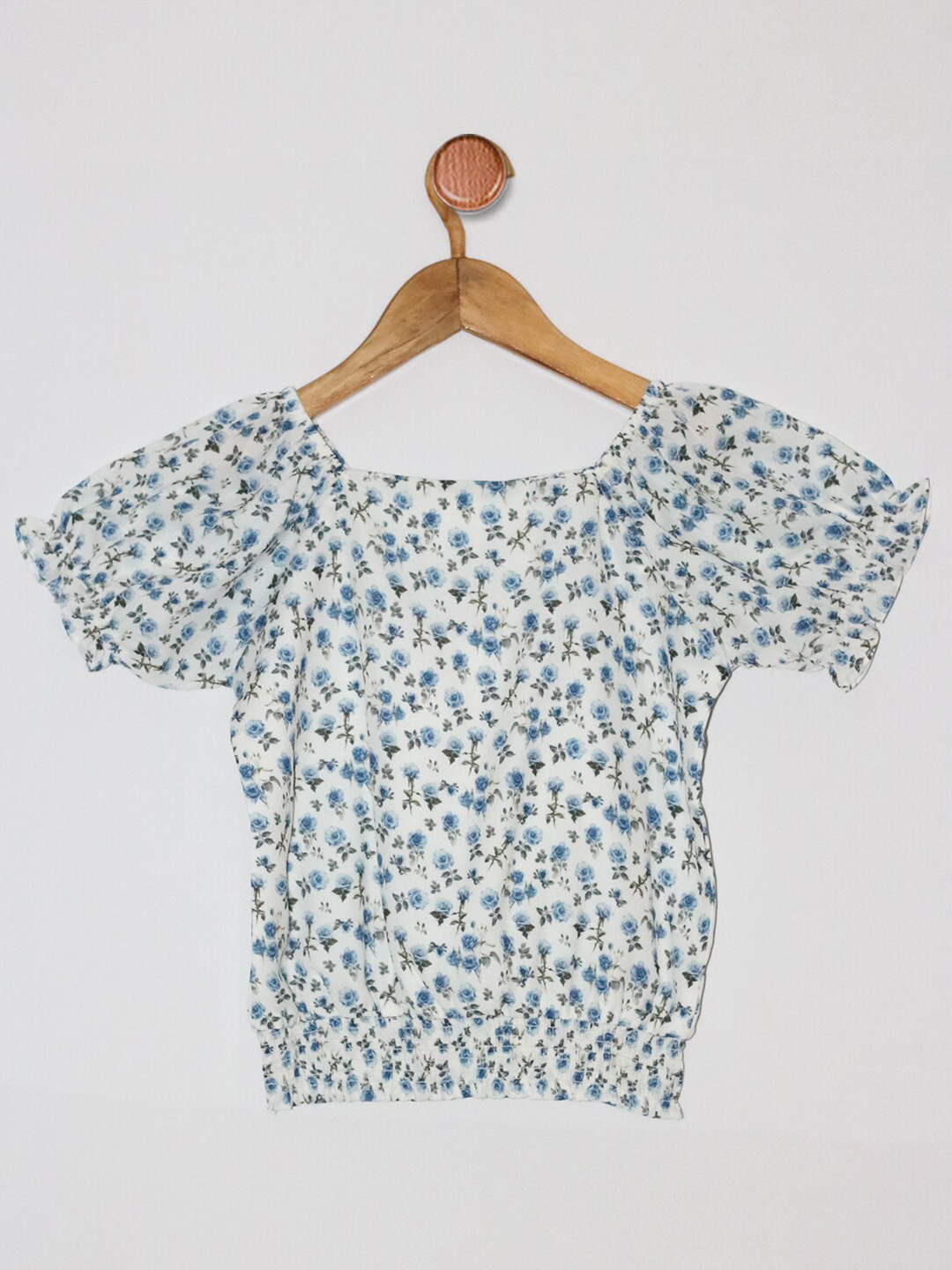 Peppermint Girls Floral Printed Puff Sleeves Satin Blouson Top