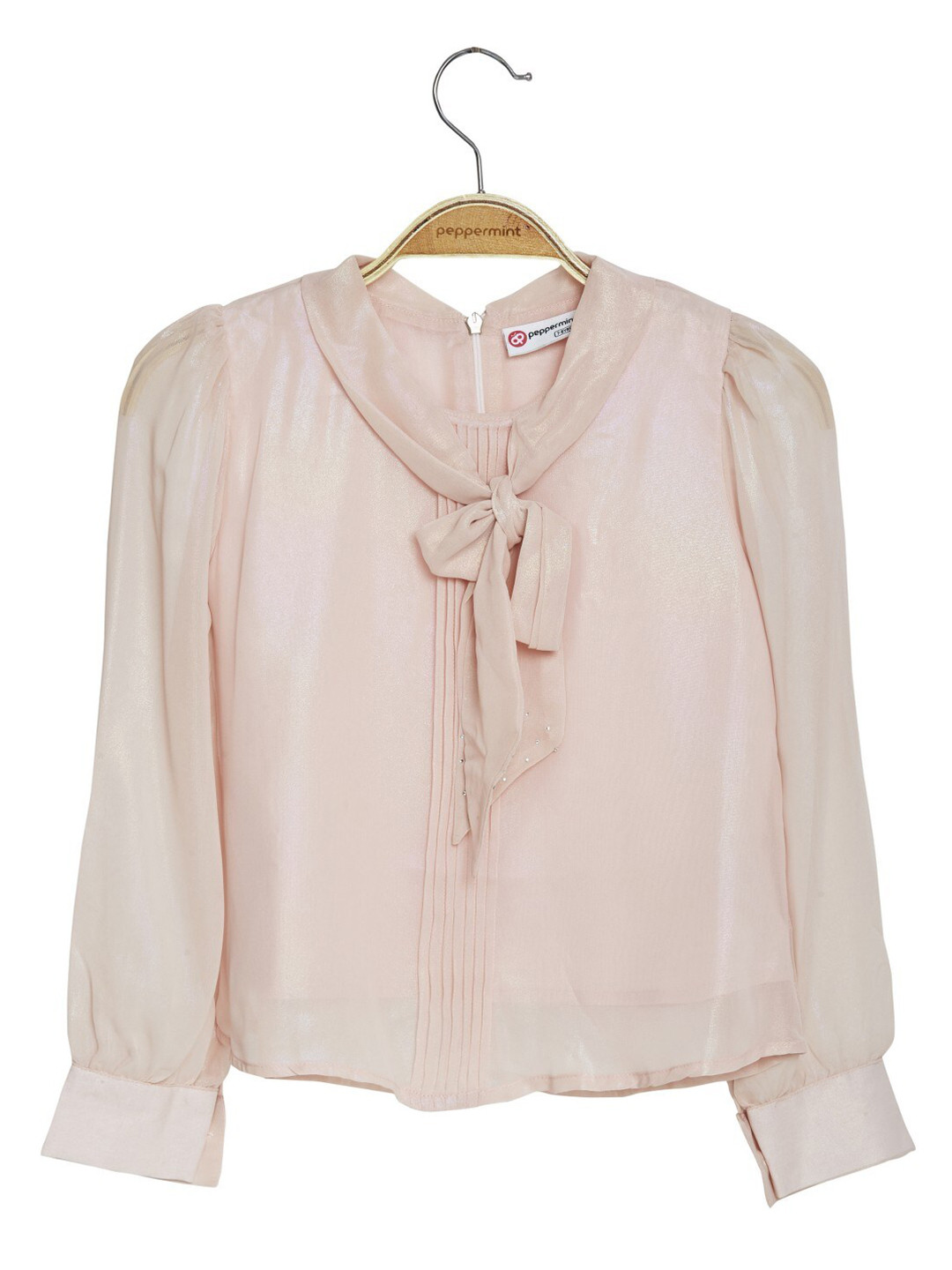 Peppermint Tie Up Neck Puff Sleeve Top