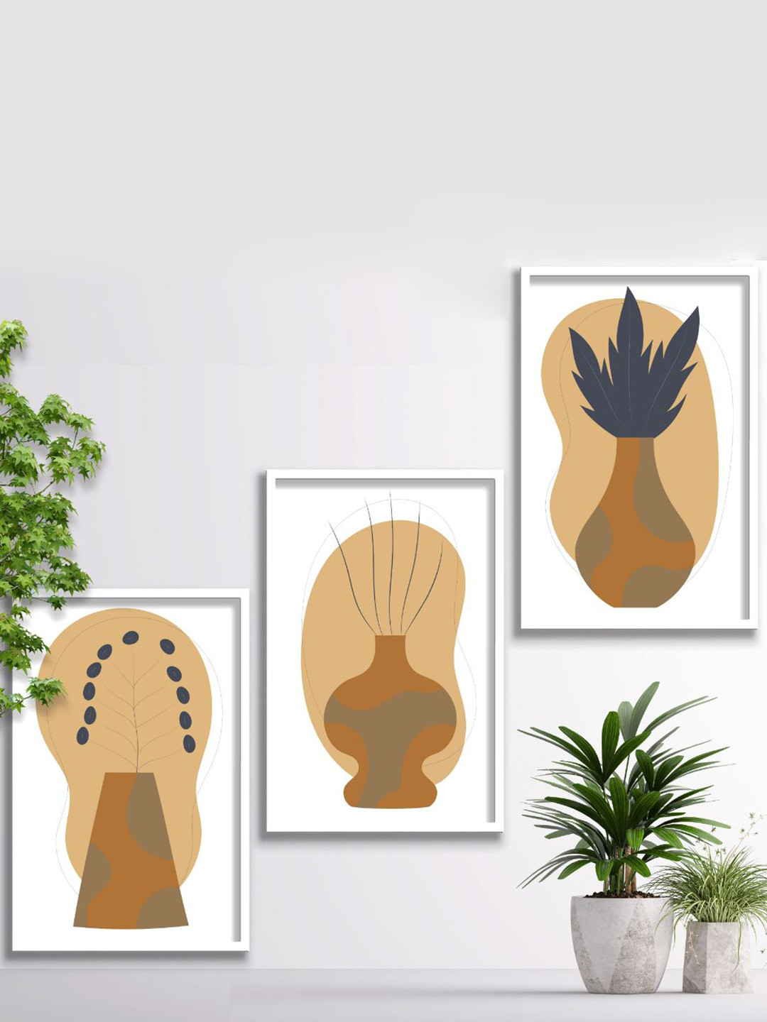 SAF Cream-colored & Brown 3-Pieces Modern Art Printed Framed Wall Art