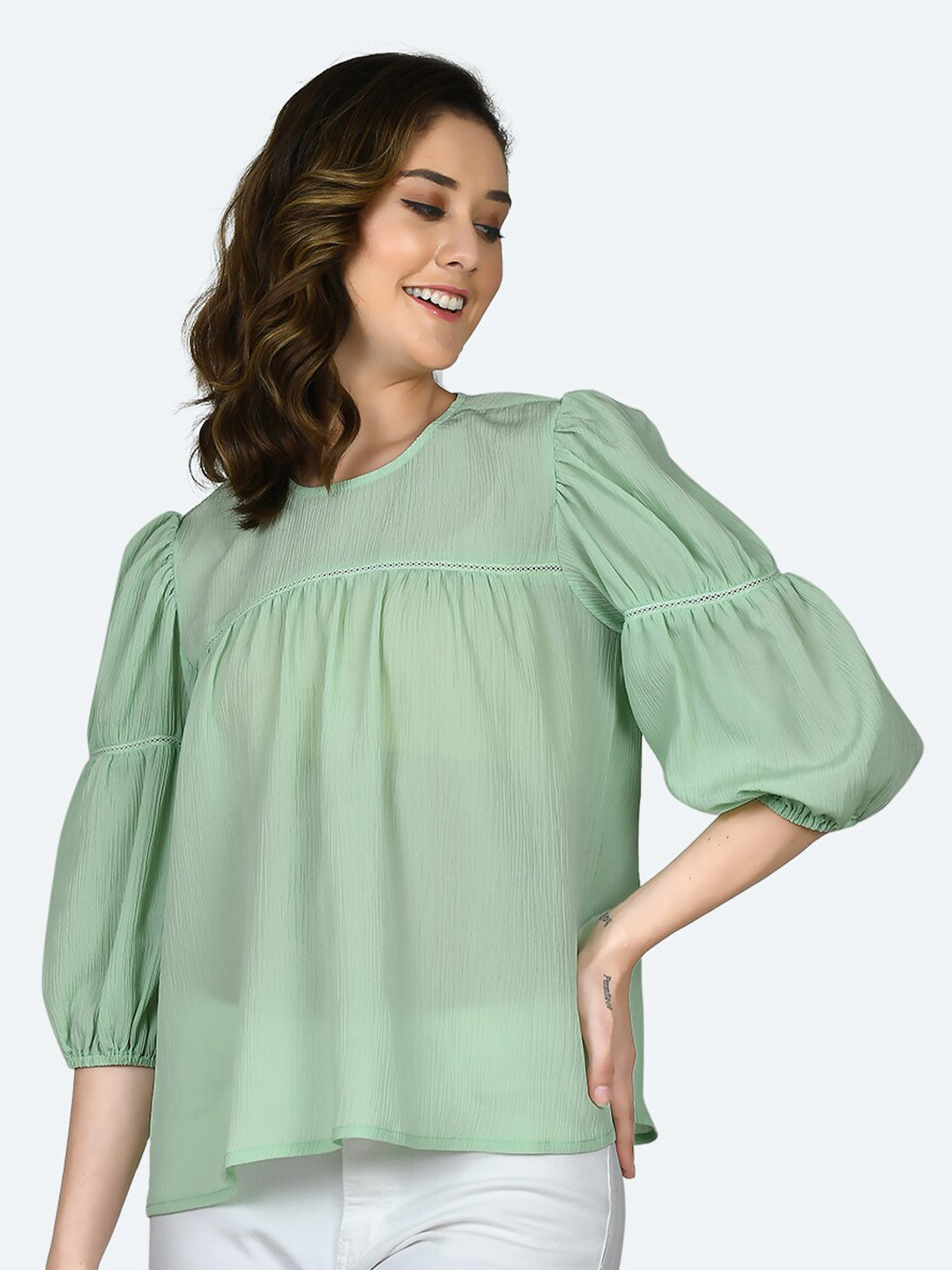 Zink London Sea Green Puff Sleeves Top With Lace- Up Detail