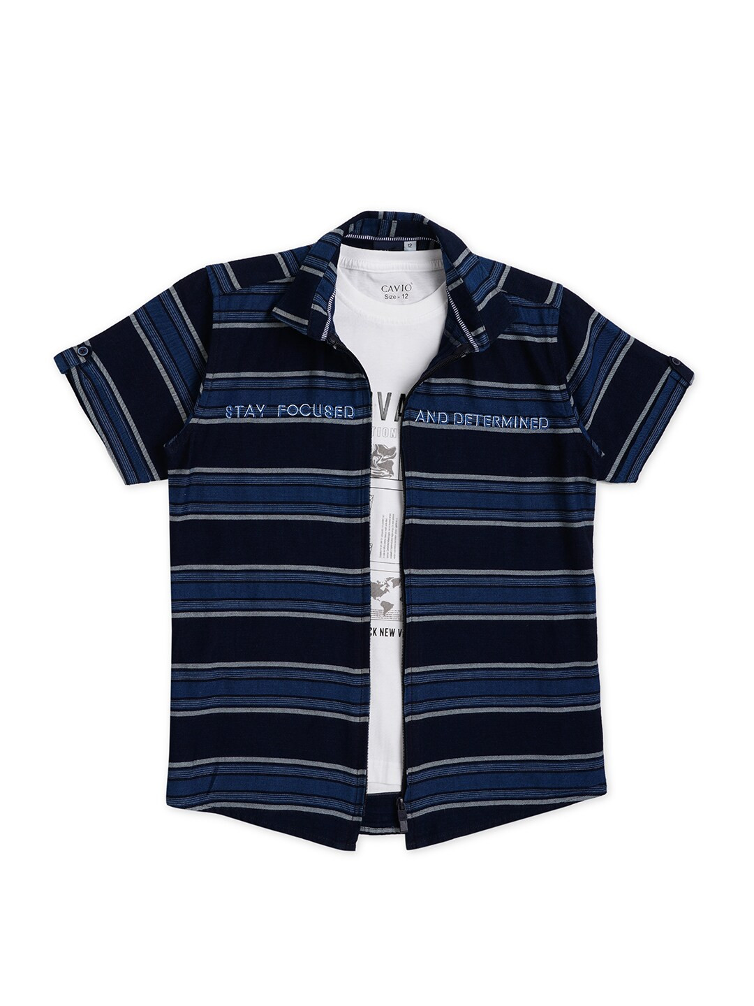 CAVIO Boys Comfort Horizontal Striped Pure Cotton Casual Shirt with Printed T-Shirt