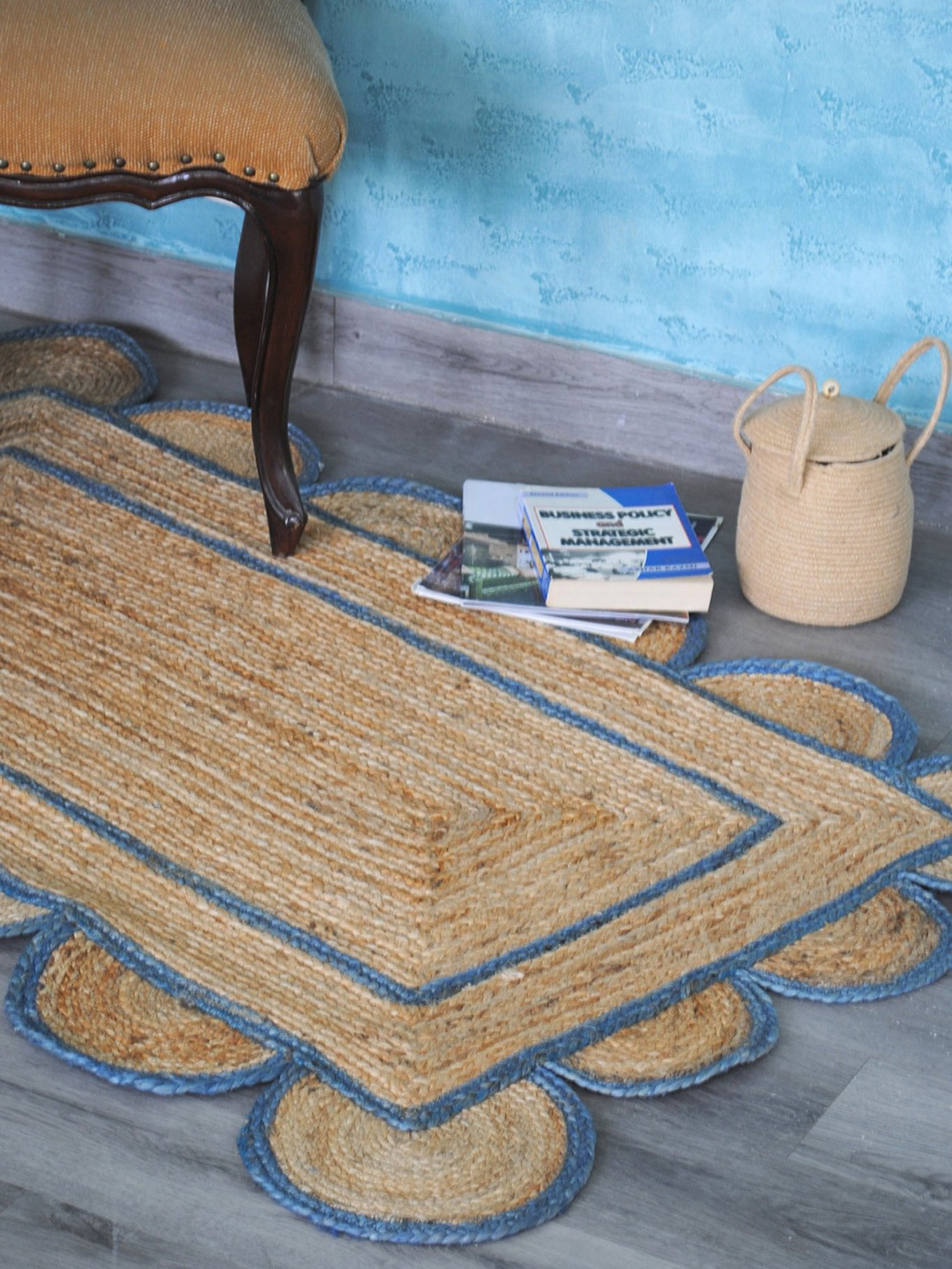 Art Avenue Affle Beige & Blue Self design Braided Jute Carpet