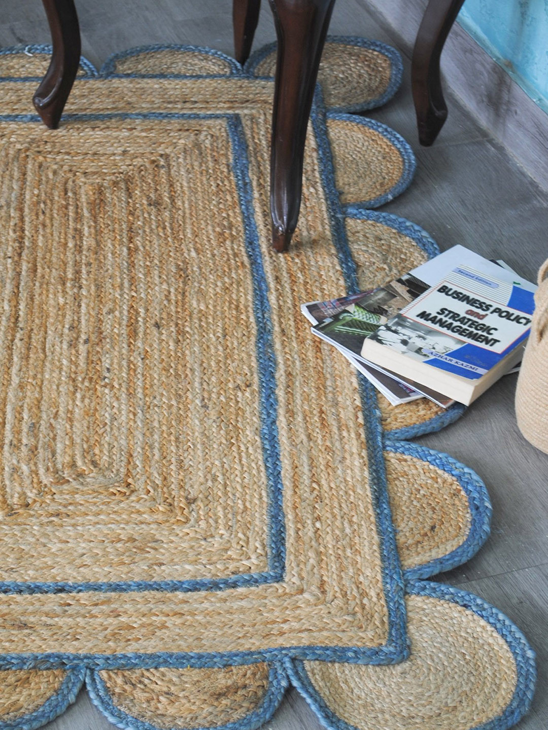 Art Avenue Affle Beige & Blue Self Design Braided Jute Carpet