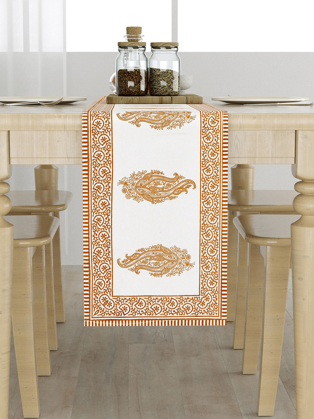 LIVING ROOTS White & Brown Printed Pure Cotton Table Runner