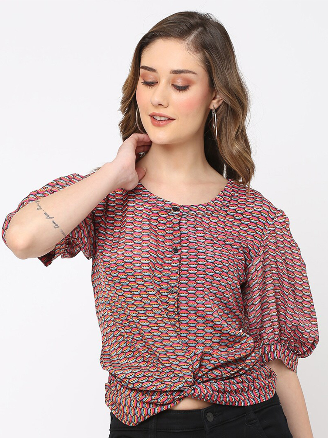 MISH Maroon Conversational Printed Puff Sleeve Crepe Twisted Top