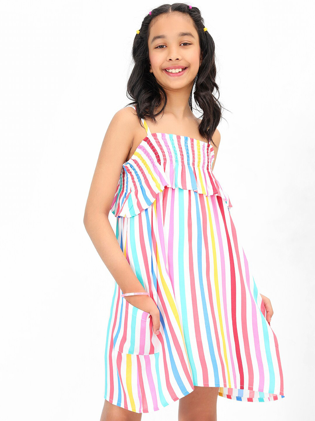 BONKIDS Girls Candy Striped Shoulder Straps Smocked Cotton A Line Dress