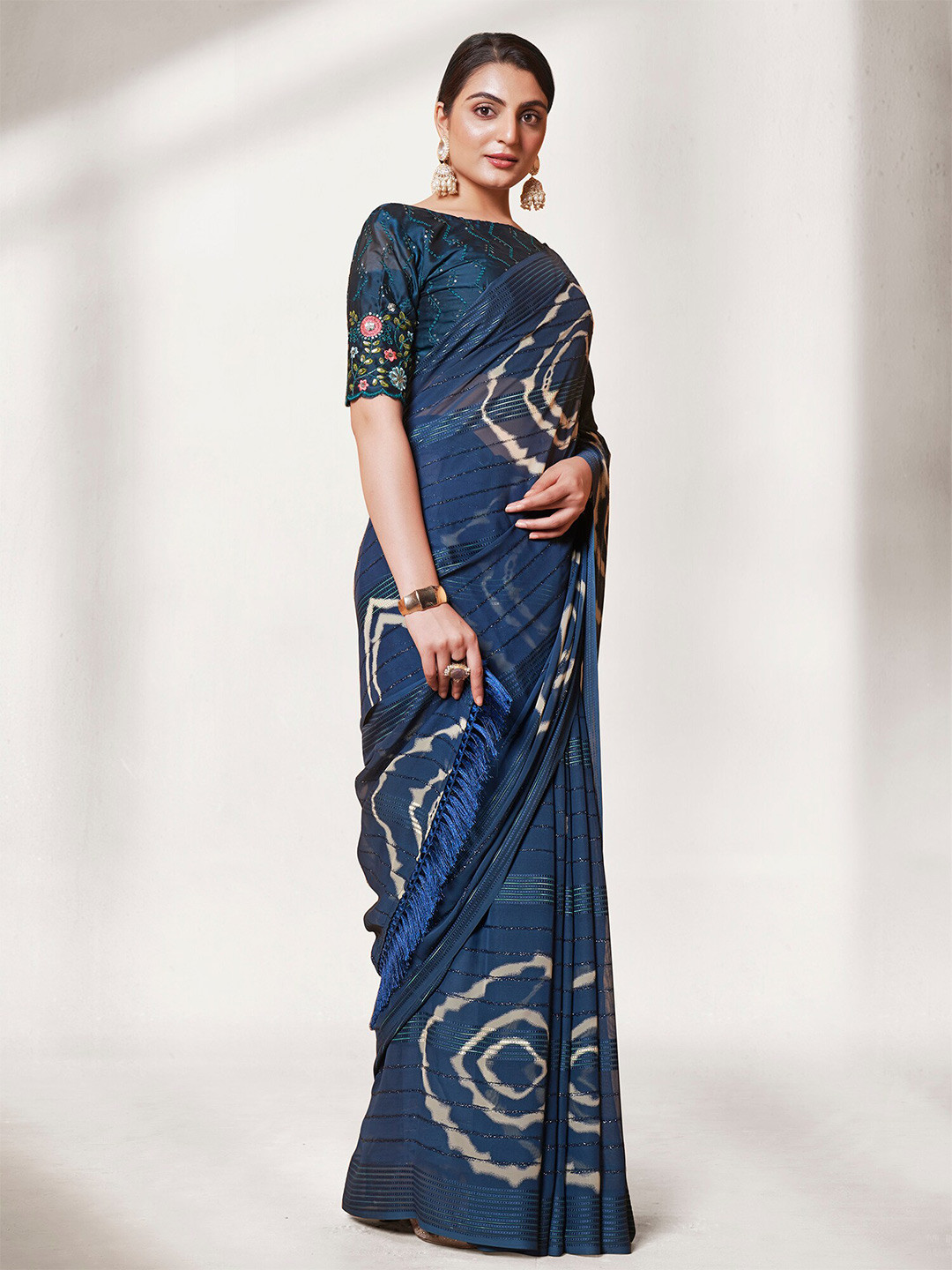 Kalista Teal & Cream-Coloured Embellished Pure Georgette Saree