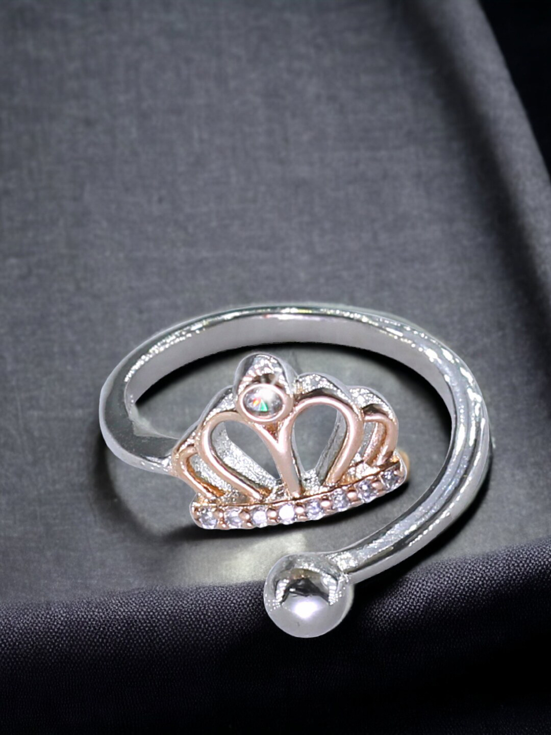 Taraash 925 Sterling Silver Rose Gold-Plated CZ Studded Tiara Finger Ring